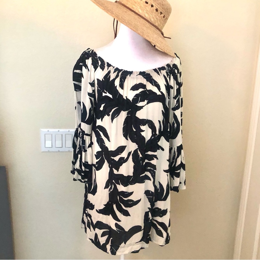 Elan Black and Cream Off-Shoulder and Big Ruffle Bell Sleeves Swim Cover-Up